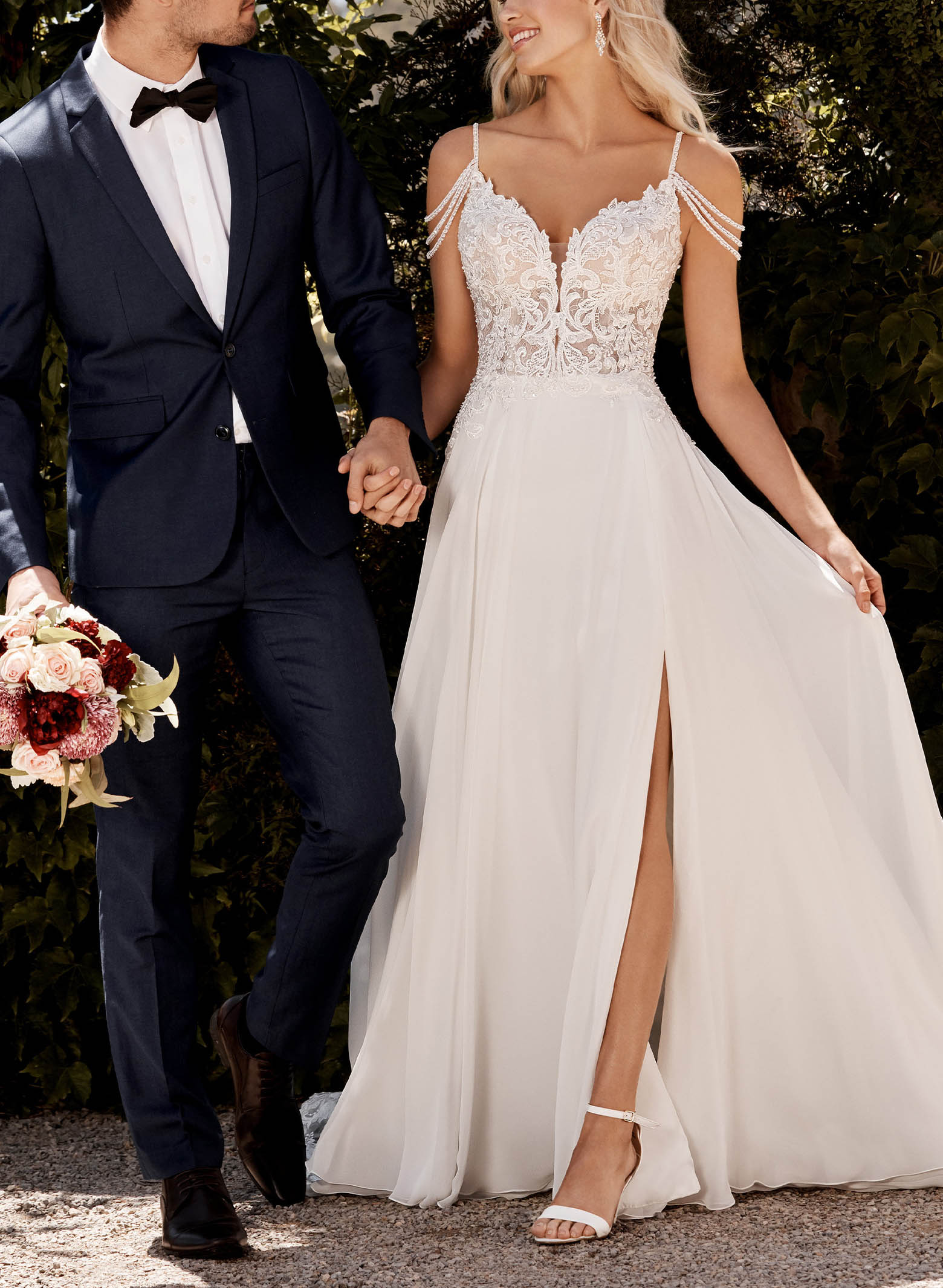 A-Line V-Neck Sweep Train Wedding Dresses With Lace Split Front in Ivory, US2