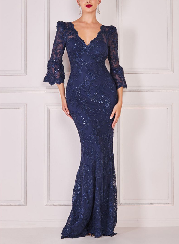 Trumpet/Mermaid V-Neck 3/4 Sleeves Lace Mother Of The Bride Dresses