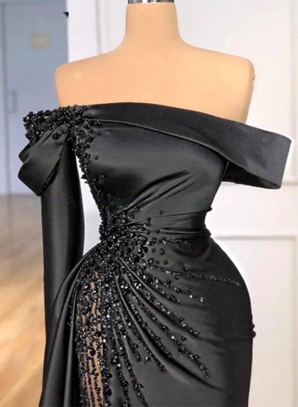 Column Off-The-Shoulder Long Sleeves Satin/Sequined Wedding Dresses, image 2