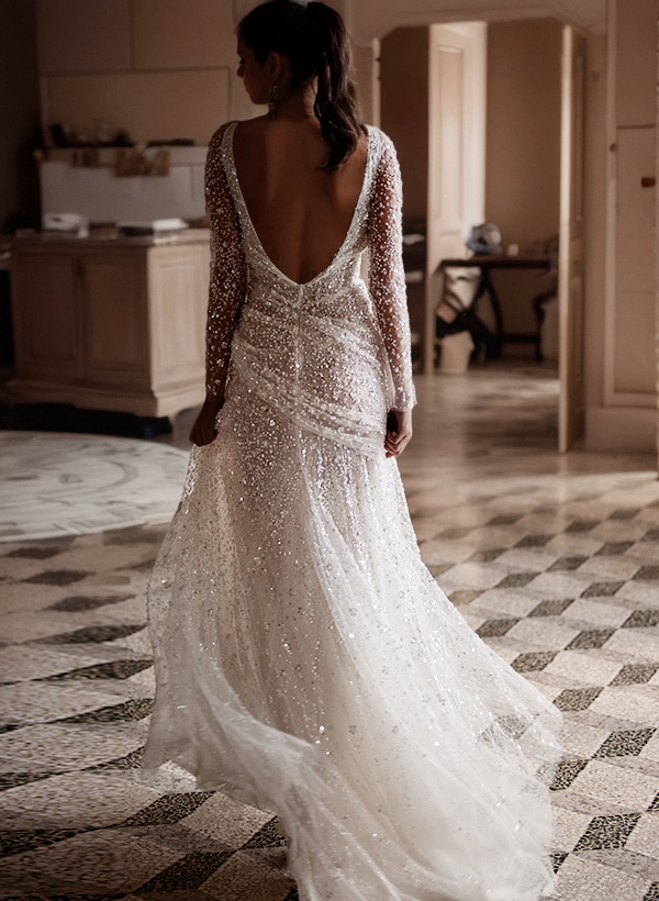Sparkly V-Neck Long Sleeves Sweep Train Sequined Wedding Dresses With Split Front