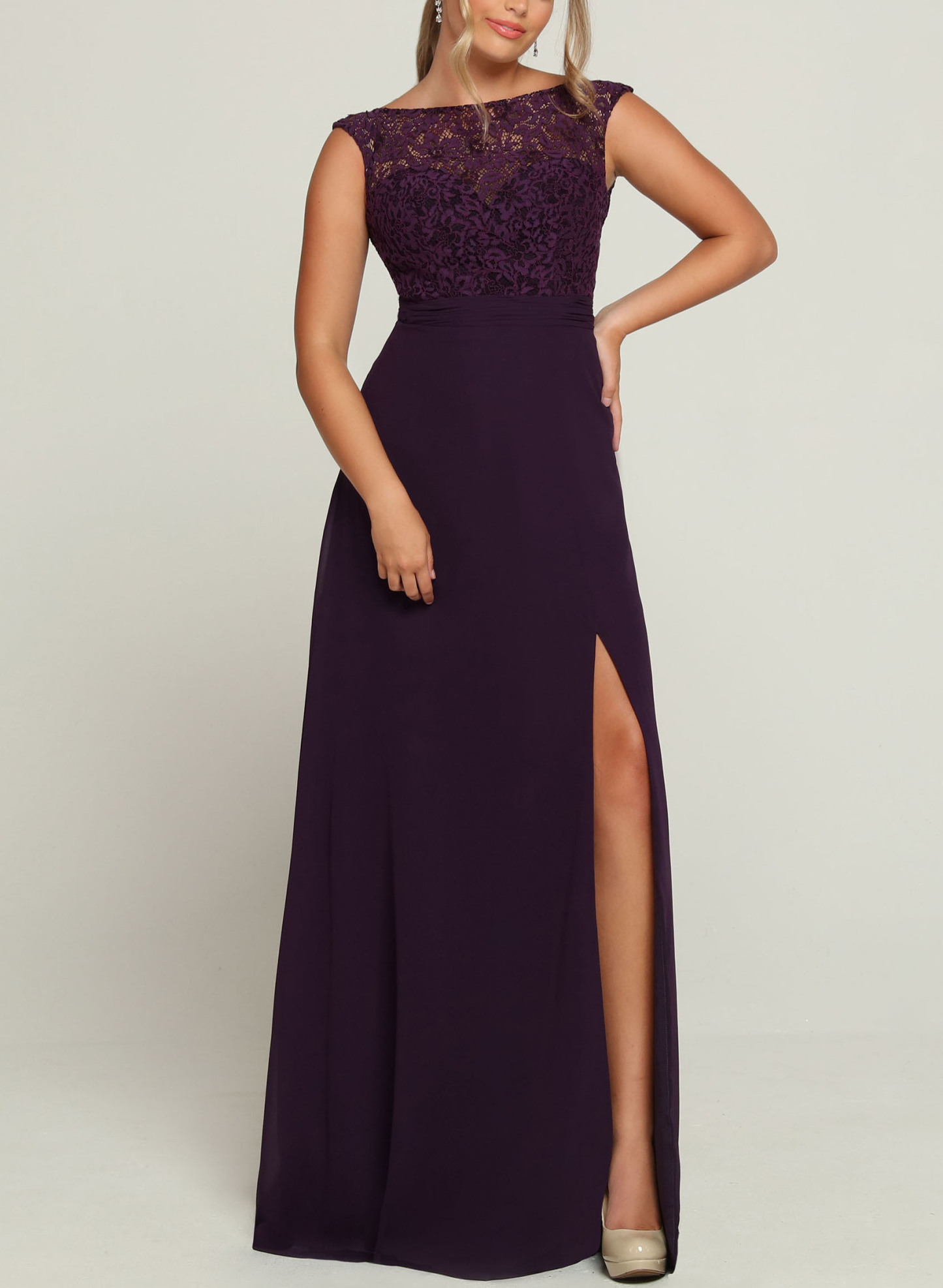 Lace Chiffon A-Line Split Front Bridesmaid Dresses in As Picture, US2