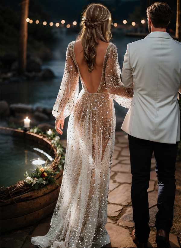 Beach Open Back V-Neck Long Sleeves Wedding Dresses in As Picture, US2