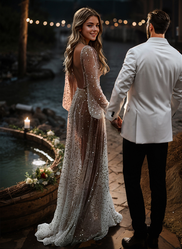 Beach Open Back V-Neck Long Sleeves Wedding Dresses, image 2