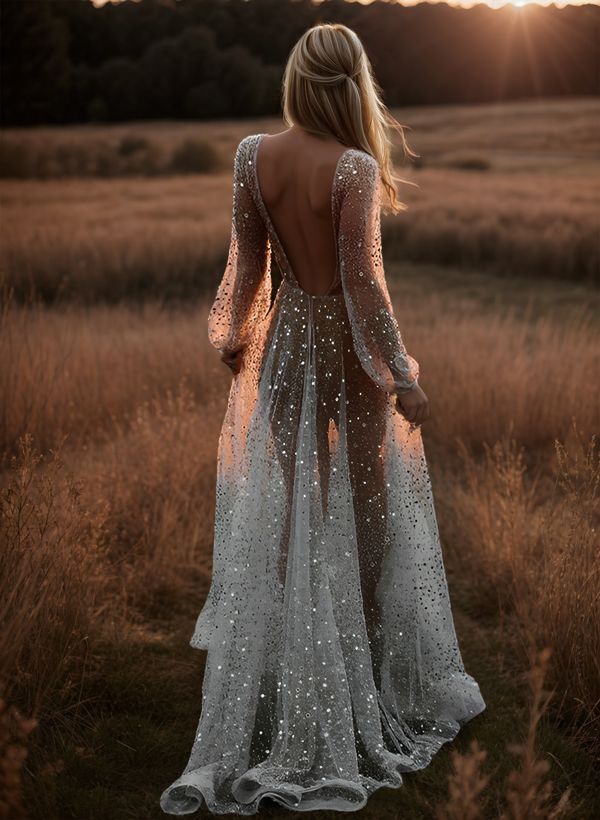 Beach Open Back V-Neck Long Sleeves Wedding Dresses, image 3