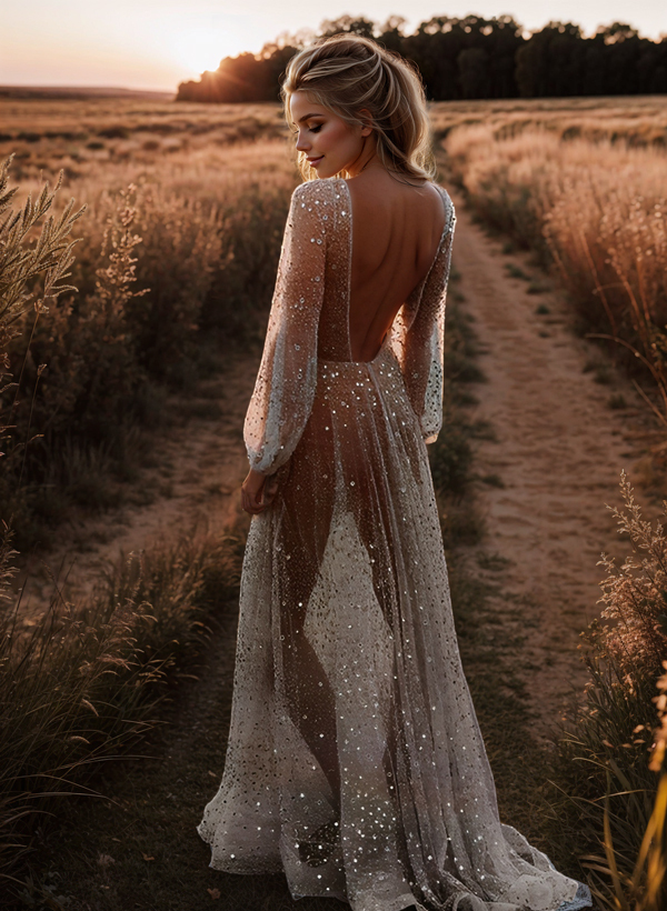 Beach Open Back V-Neck Long Sleeves Wedding Dresses, image 4