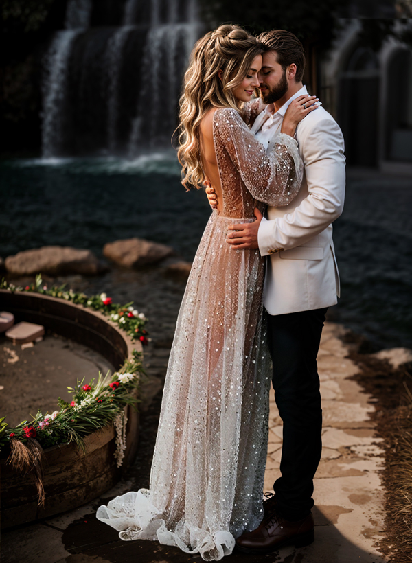 Beach Open Back V-Neck Long Sleeves Wedding Dresses, image 5