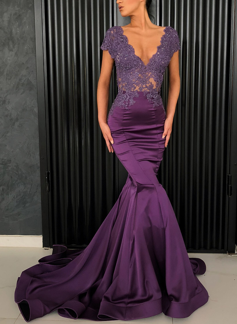 V-Neck Lace Trumpet/Mermaid Evening Dresses in As Picture, US2