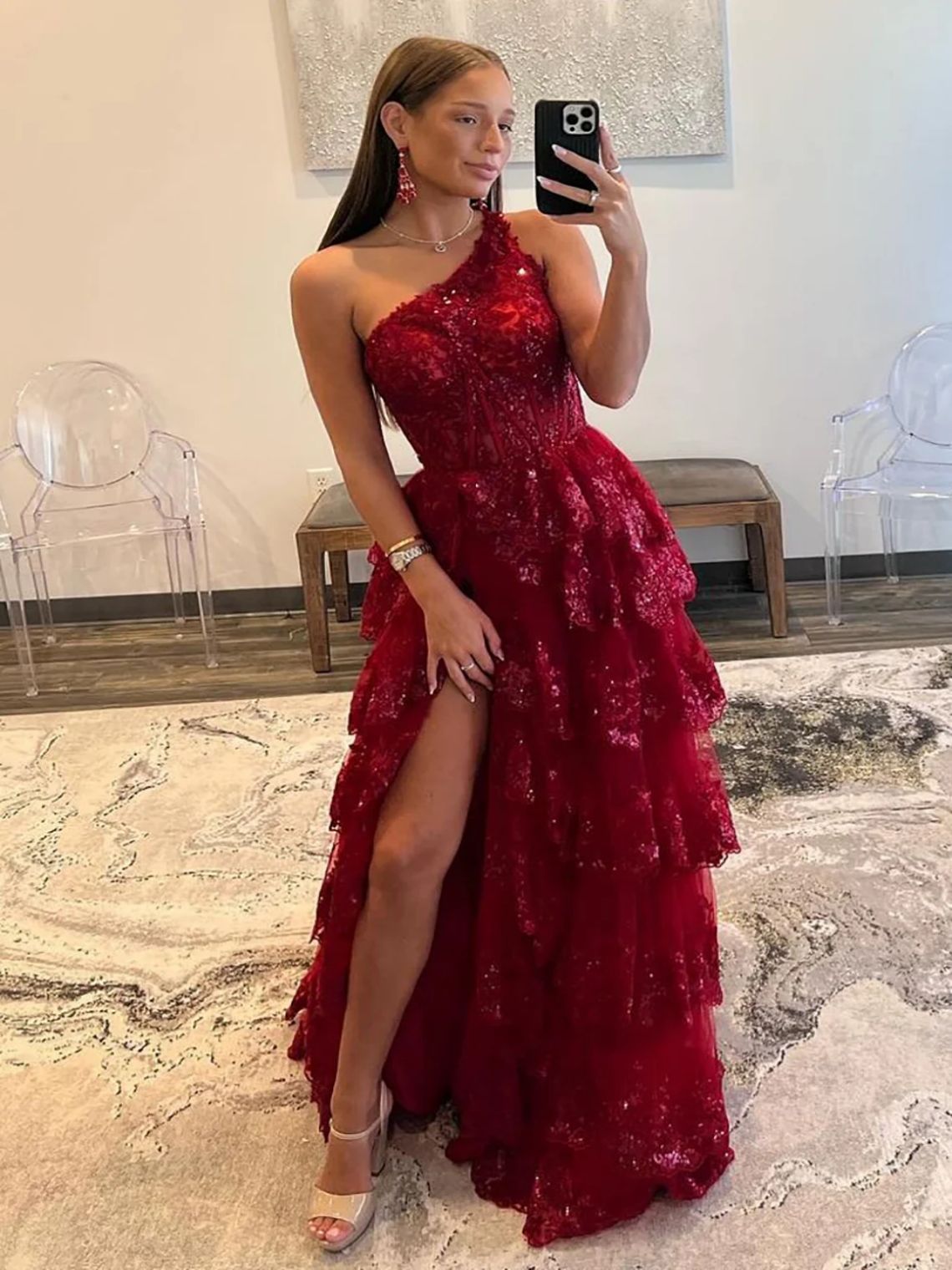 A-Line Dark Red Sequin One Shoulder Tiered Long Prom Dress With Slit