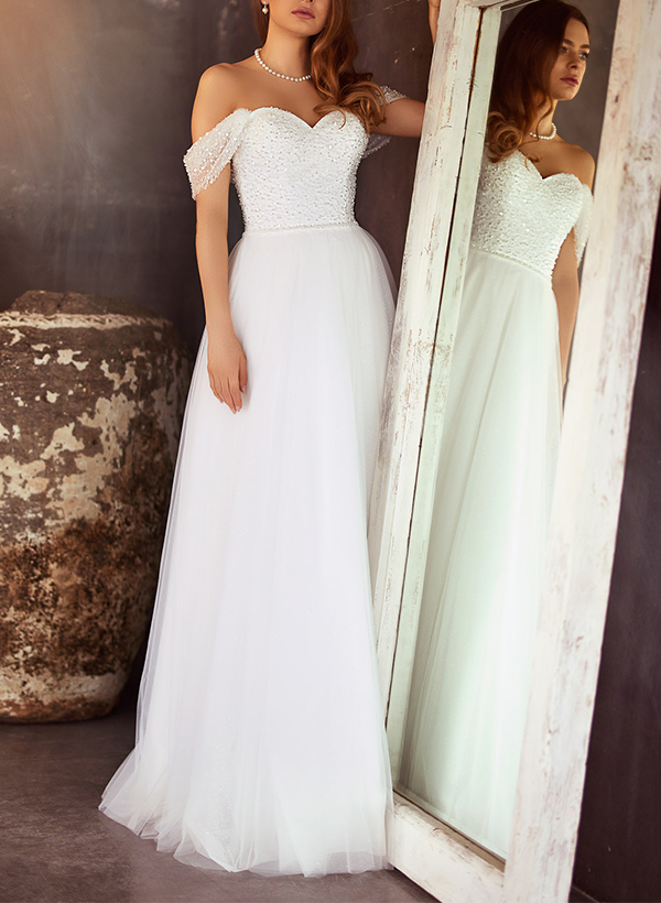 A-Line Off-The-Shoulder Sleeveless Floor-Length Wedding Dresses in Ivory, US2