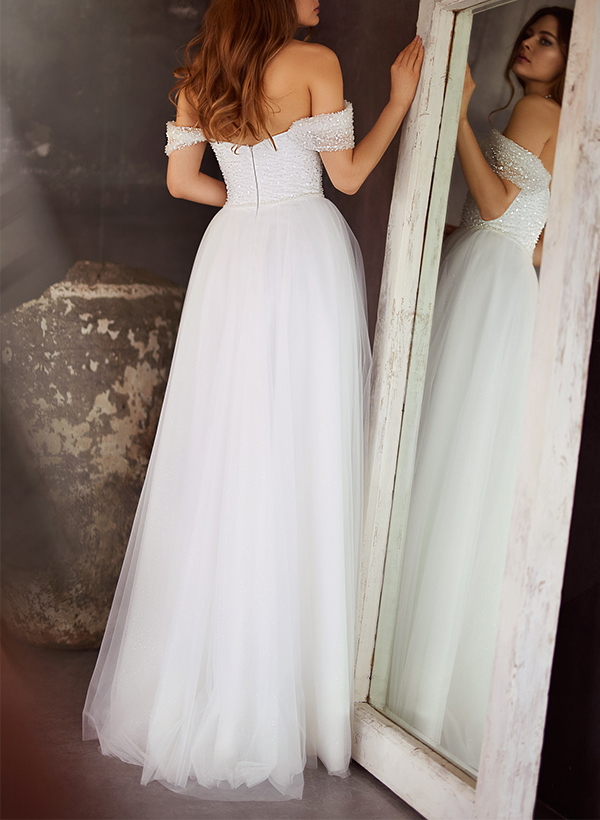 A-Line Off-The-Shoulder Sleeveless Floor-Length Wedding Dresses, image 2