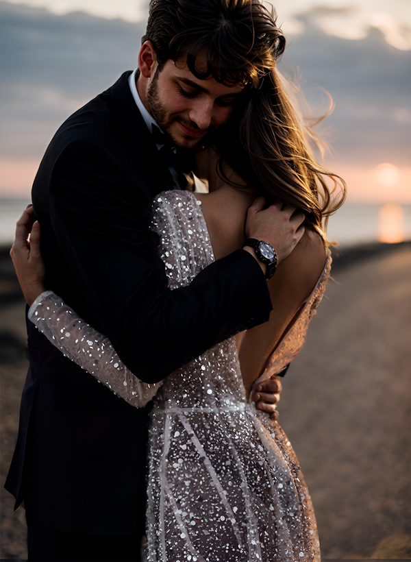 Boho Sequin V-Neck Long Sleeves Sweep Train Wedding Dresses, image 4