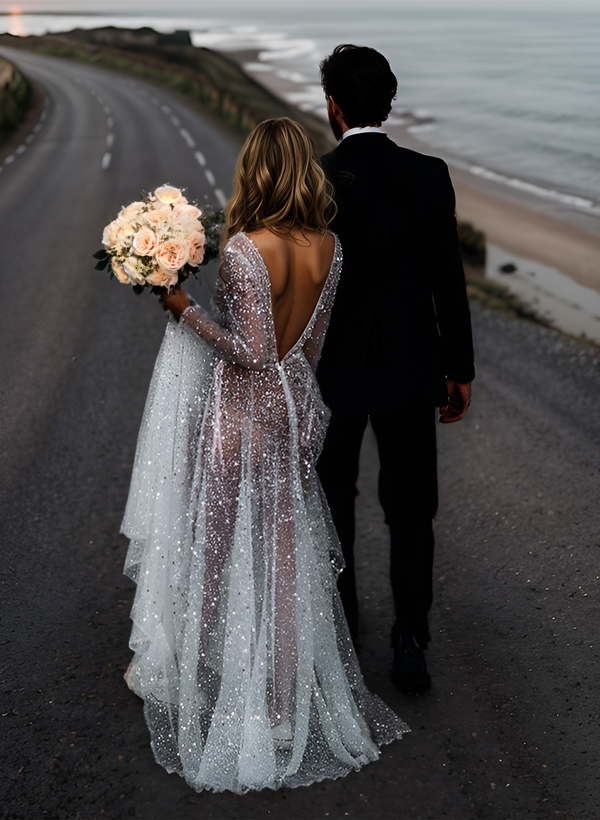 Boho Sequin V-Neck Long Sleeves Sweep Train Wedding Dresses, image 5