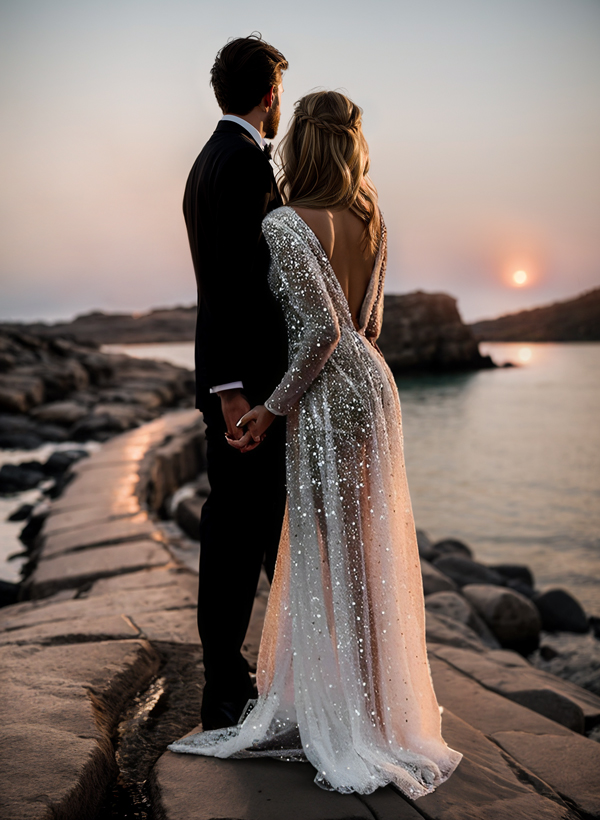 Boho Sequin V-Neck Long Sleeves Sweep Train Wedding Dresses, image 6