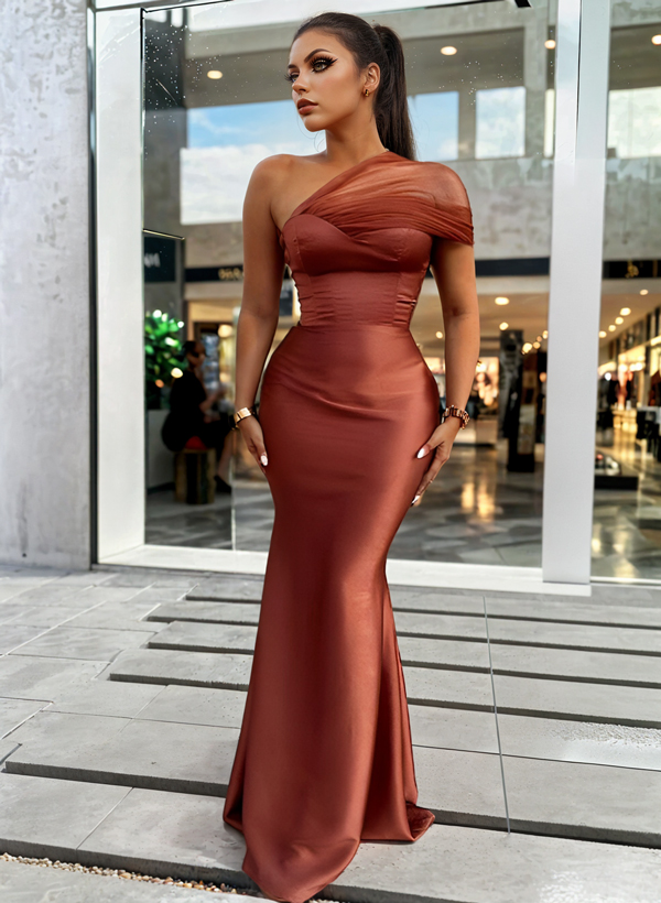 Trumpet/Mermaid One-Shoulder Sleeveless Satin/Tulle Bridesmaid Dresses, product image 2