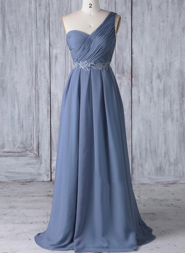 A-Line One-Shoulder Sleeveless Chiffon Bridesmaid Dresses With Lace, image 2