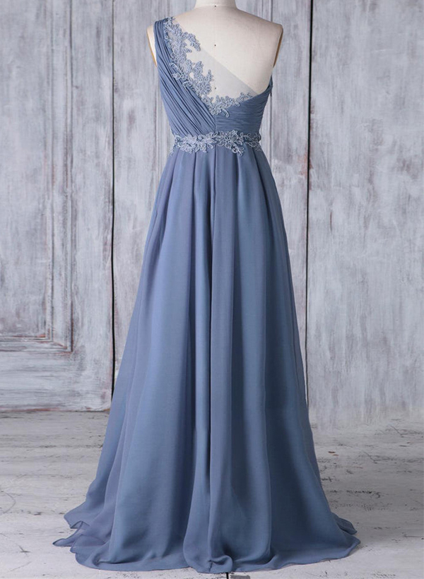 A-Line One-Shoulder Sleeveless Chiffon Bridesmaid Dresses With Lace in Slate Blue, US2