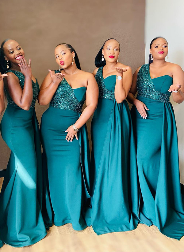 Sheath/Column One-Shoulder Elastic Satin Bridesmaid Dresses With Sequins in As Picture, US2