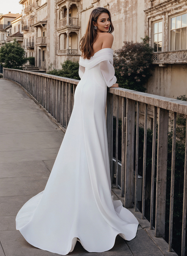 Mermaid Long Sleeves Wedding Dresses With Off-The-Shoulder Elastic Satin Simple, image 2