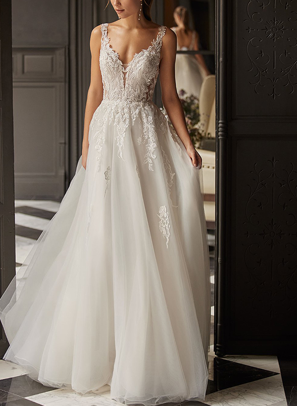 A-Line V-Neck Sleeveless Sweep Train Tulle Wedding Dresses With Appliques Lace, product image 1