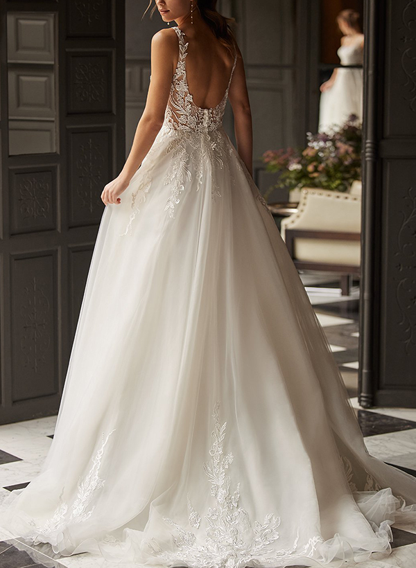 A-Line V-Neck Sleeveless Sweep Train Tulle Wedding Dresses With Appliques Lace, product image 2