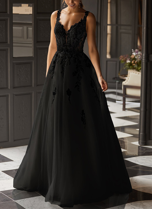 A-Line V-Neck Sleeveless Sweep Train Tulle Wedding Dresses With Appliques Lace, product image 4