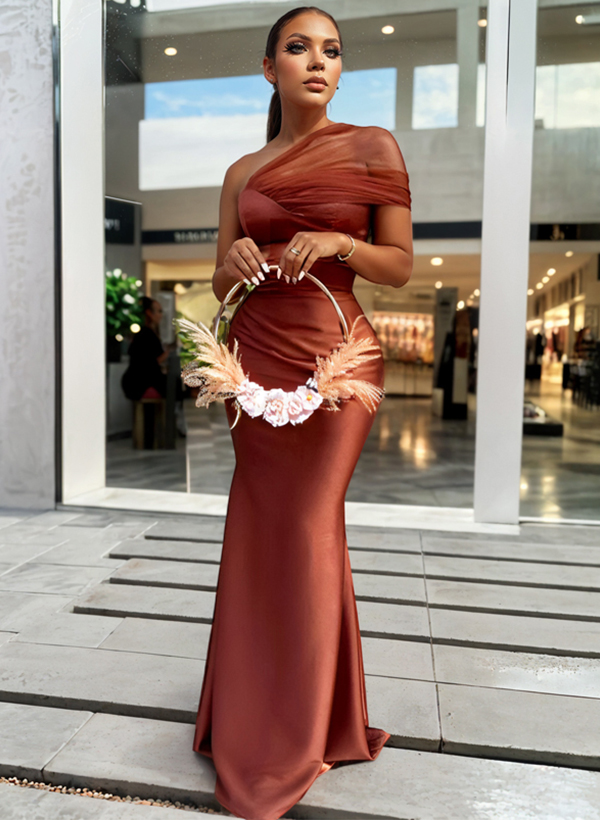 Trumpet/Mermaid One-Shoulder Sleeveless Satin/Tulle Bridesmaid Dresses in As Picture, US2
