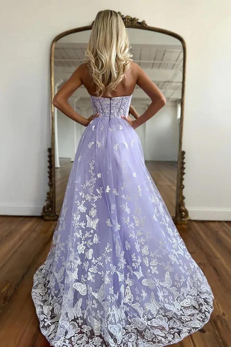 A-Line&Princess Tulle Off-the-Shoulder Lace Appliques Sweetheart Corset Prom Dress Evening Dress