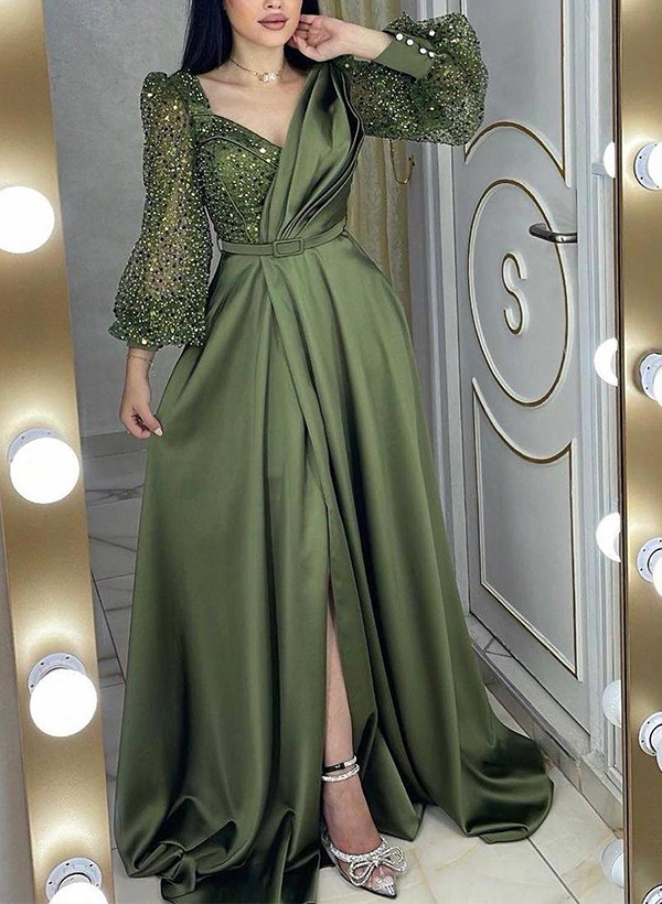 A-Line Long Sleeves Sequined Mother Of The Bride DressesWith Split Front Mother of the Bride Dresses