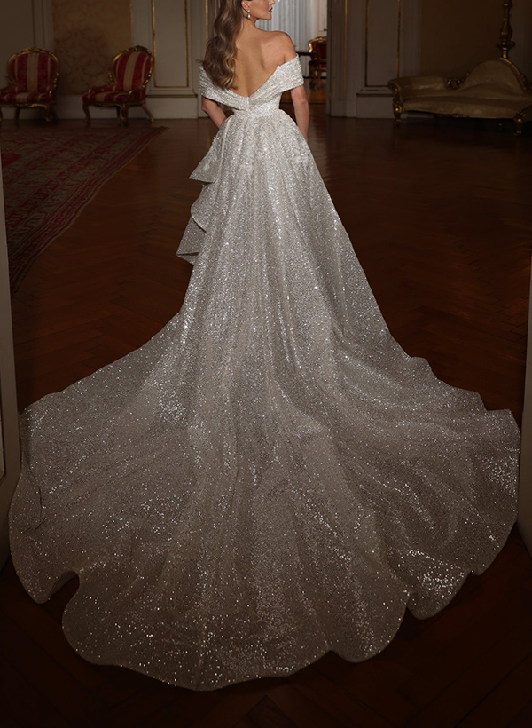 Off-The-Shoulder Sleeveless Court Train Sequined Wedding Dresses, image 2
