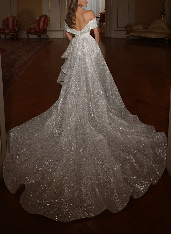 Off-The-Shoulder Sleeveless Court Train Sequined Wedding Dresses, image 2