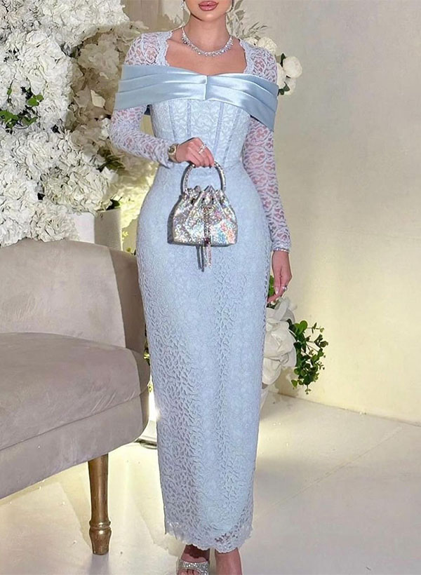 Sheath/Column Square Neckline Long Sleeves Ankle-Length Lace Bridesmaid Dresses in As Picture, US2