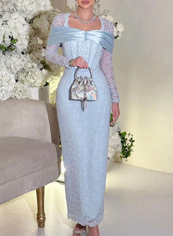 Sheath/Column Square Neckline Long Sleeves Ankle-Length Lace Bridesmaid Dresses in As Picture, US2