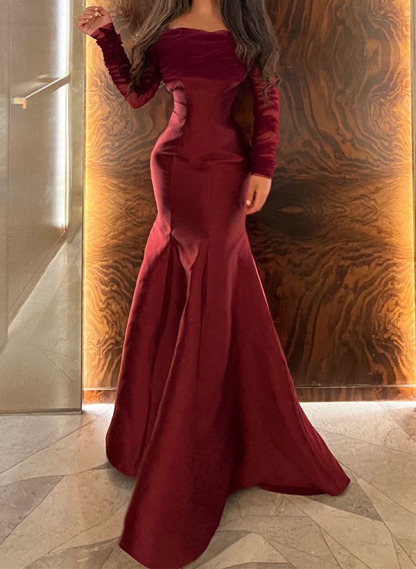 Trumpet/Mermaid Off-The-Shoulder Long Sleeves Sweep Train Taffeta Evening Dresses in Burgundy, US2