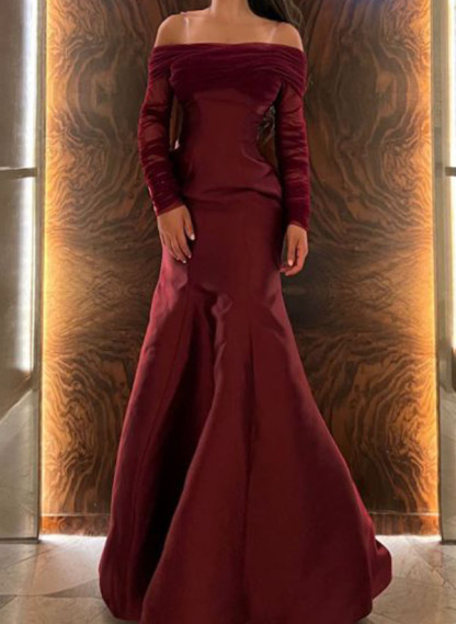 Trumpet/Mermaid Off-The-Shoulder Long Sleeves Sweep Train Taffeta Evening Dresses, supplier image 2