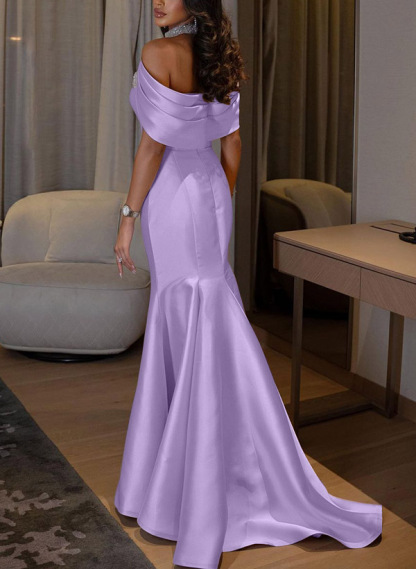 Trumpet/Mermaid Halter Sleeveless Sweep Train Satin Bridesmaid Dresses With Split Front
