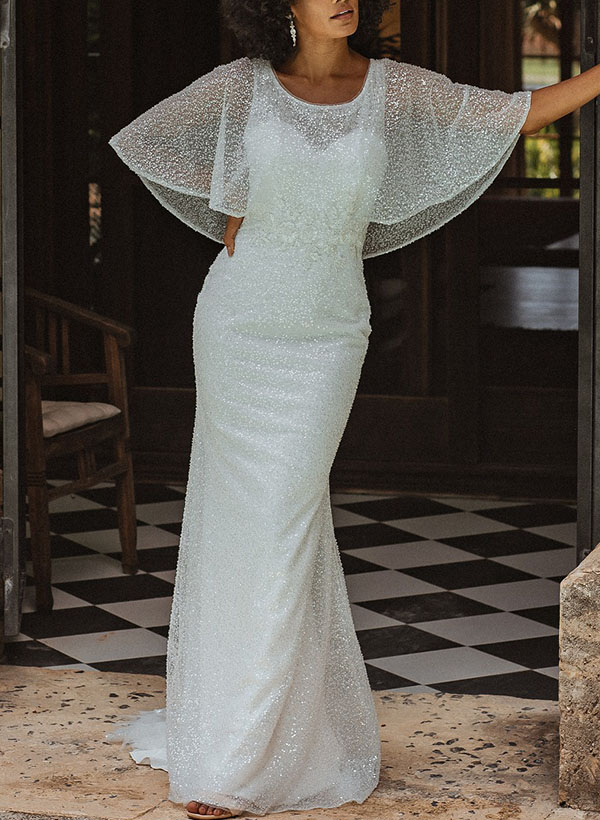 Sheath/Column Scoop Neck Sleeveless Sequined Wedding Dresses, product image 4