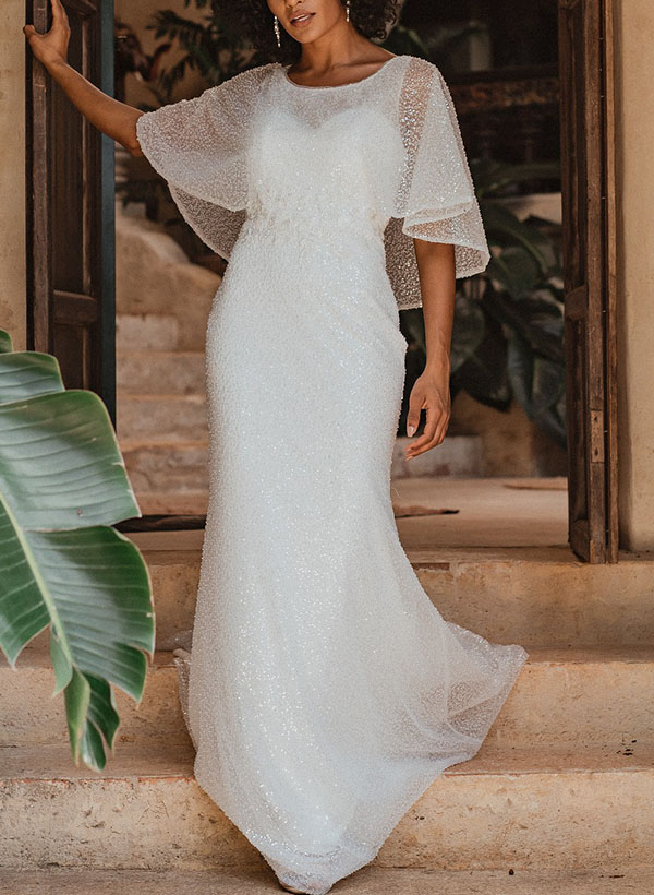 Sheath/Column Scoop Neck Sleeveless Sequined Wedding Dresses, product image 3