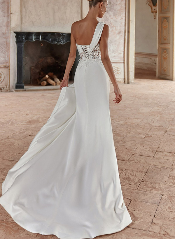 Exquisite Ruched One-Shoulder Sequined Illusion Corset Wedding Dresses With 3D Floral, image 2