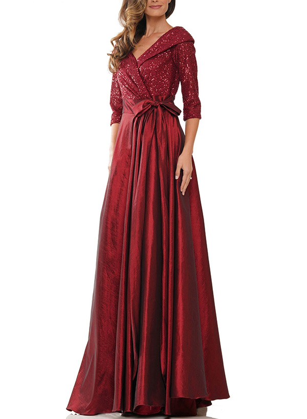 A-Line V-Neck 3/4 Sleeves Sequined Mother Of The Bride Dresses With Bow(s)