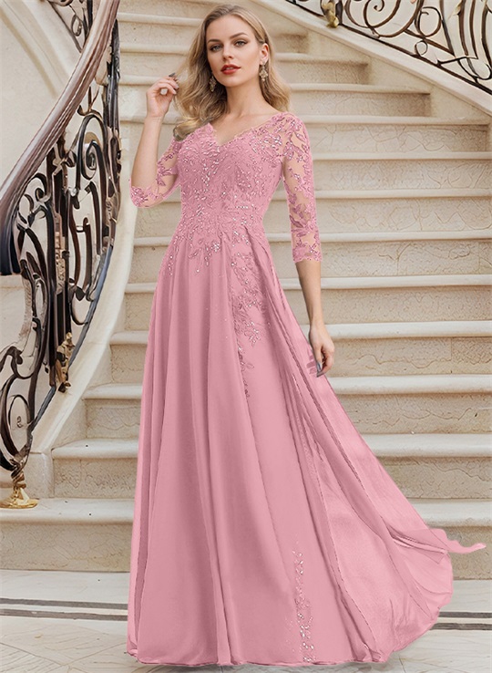 Elegant V-Neck 3/4 Sleeves Floor-Length Chiffon Mother Of The Bride Dresses With Appliques Lace