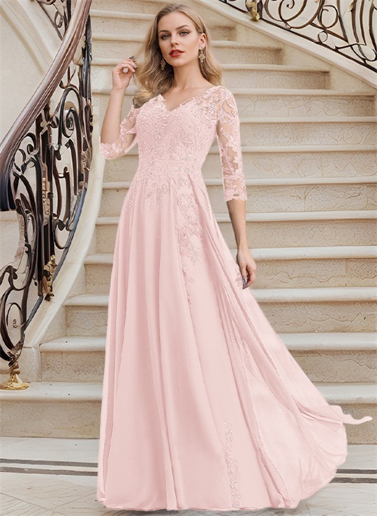 Elegant V-Neck 3/4 Sleeves Floor-Length Chiffon Mother Of The Bride Dresses With Appliques Lace