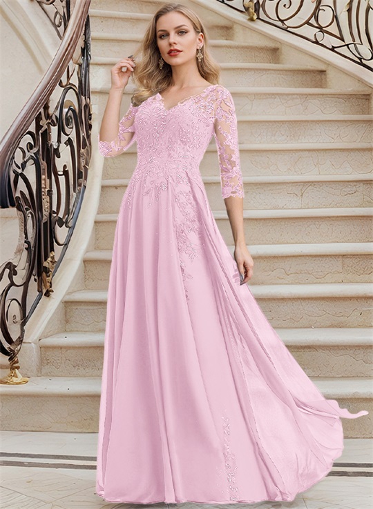 Elegant V-Neck 3/4 Sleeves Floor-Length Chiffon Mother Of The Bride Dresses With Appliques Lace