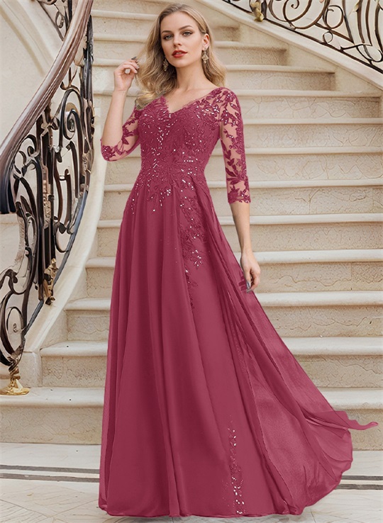 Elegant V-Neck 3/4 Sleeves Floor-Length Chiffon Mother Of The Bride Dresses With Appliques Lace