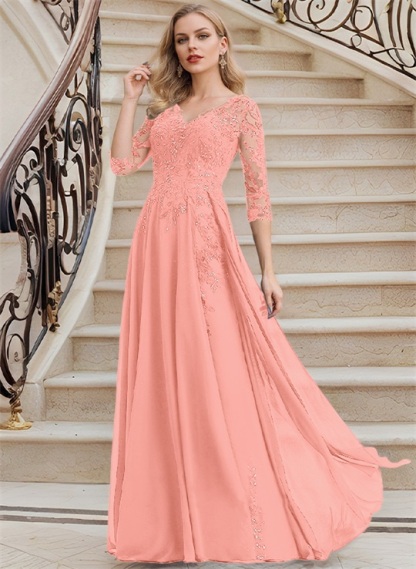 Elegant V-Neck 3/4 Sleeves Floor-Length Chiffon Mother Of The Bride Dresses With Appliques Lace