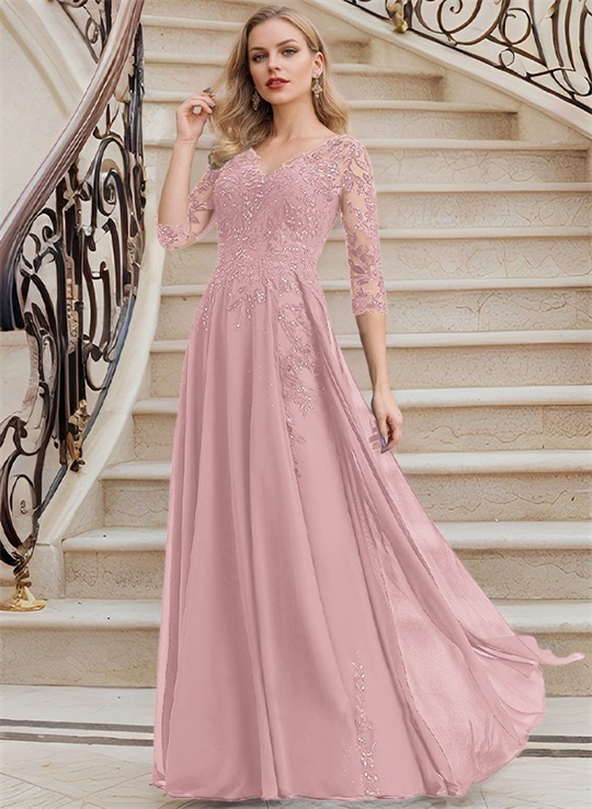 Elegant V-Neck 3/4 Sleeves Floor-Length Chiffon Mother Of The Bride Dresses With Appliques Lace