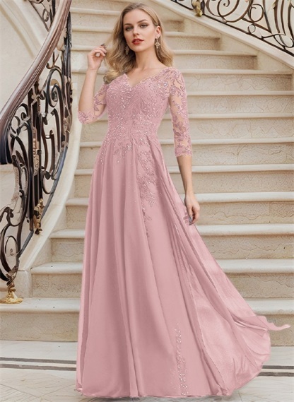 Elegant V-Neck 3/4 Sleeves Floor-Length Chiffon Mother Of The Bride Dresses With Appliques Lace