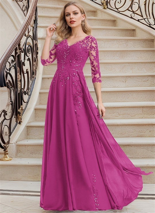 Elegant V-Neck 3/4 Sleeves Floor-Length Chiffon Mother Of The Bride Dresses With Appliques Lace