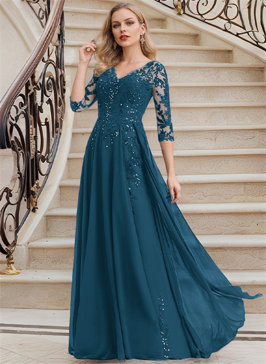 Elegant V-Neck 3/4 Sleeves Floor-Length Chiffon Mother Of The Bride Dresses With Appliques Lace