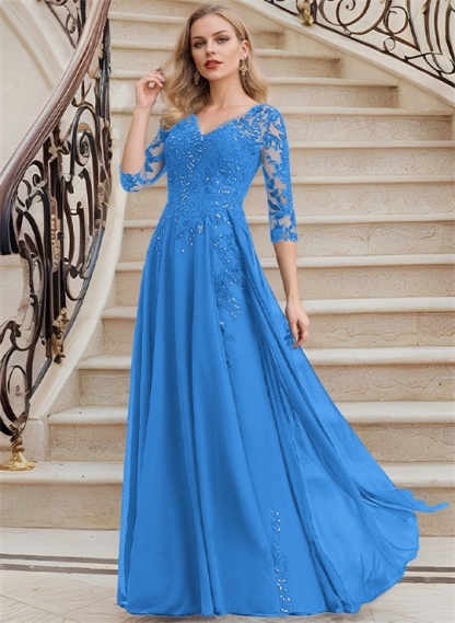 Elegant V-Neck 3/4 Sleeves Floor-Length Chiffon Mother Of The Bride Dresses With Appliques Lace