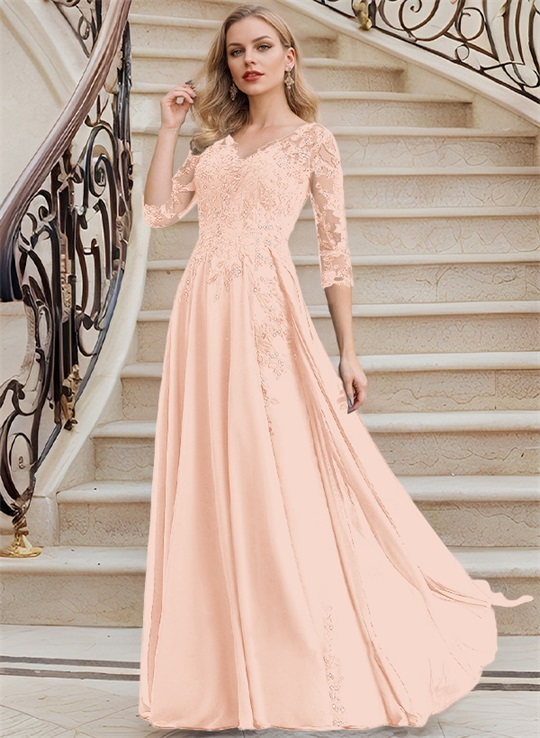 Elegant V-Neck 3/4 Sleeves Floor-Length Chiffon Mother Of The Bride Dresses With Appliques Lace